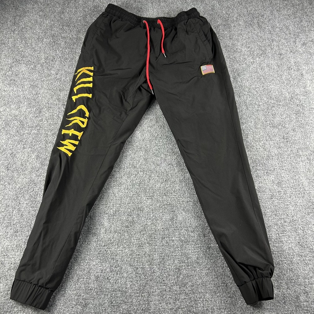 Kill Crew Jogger‎ Pants Mens Medium Black Woven Elastic Waist USA Flag Athletic